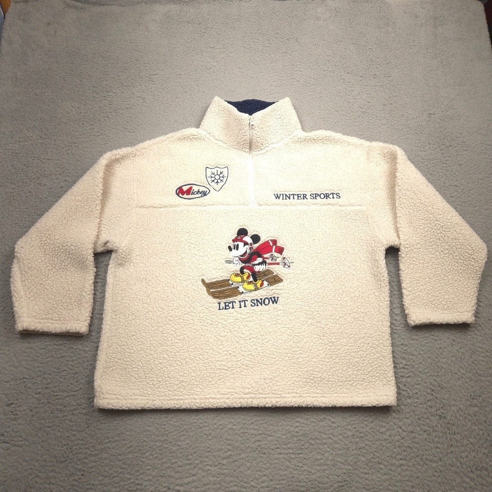 Disney Mickey Mouse Sherpa 1/4 Zip Pullover XXL Let It Snow Winter Sports - Picture 1 of 13